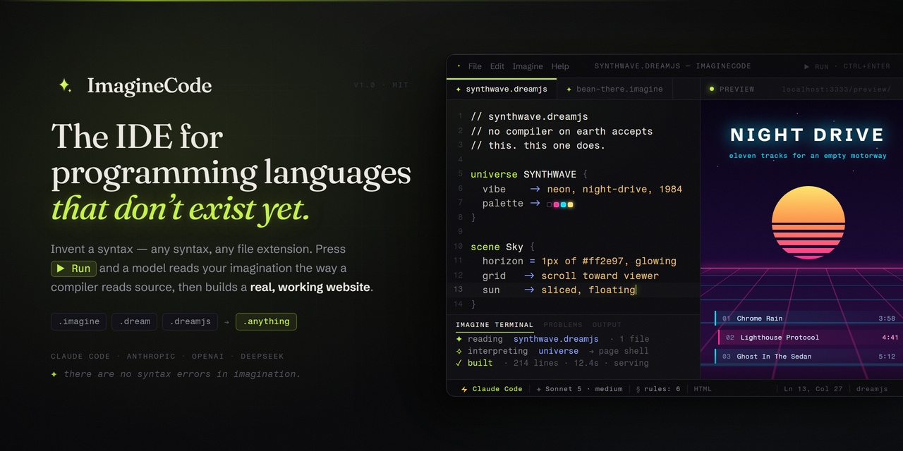 ImagineCode: a VS Code-style IDE compiling an invented language into a real website